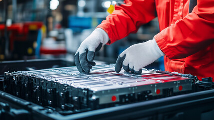 W warsztacie technik elektryczny z precyzyjnością i skupieniem bada zużytą baterię litowo-jonową z samochodu elektrycznego.