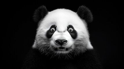 Fototapeta premium Na neutralnym tle, zaskoczona panda patrzy z przerażeniem i ciekawością. Jej duże, okrągłe oczy ukazują prawdziwe zdumienie, a uroczy uśmiech dodaje jej charakteru.