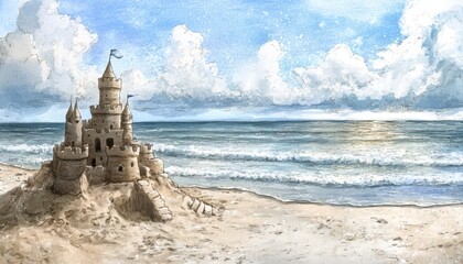 A detailed sandcastle with flags on the beach, next to a blue ocean with foamy waves and blue sky with white clouds.