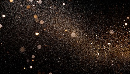 Golden Dust Particles in Motion. Sparkling Cloud of Glittering Light Dots and Flecks Against a Dark Background, Creating a Cosmic, Ethereal Effect in a Night Sky Like Atmosphere