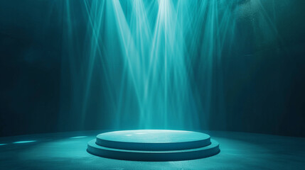 Circular stage with dramatic teal lighting beams in dark atmospheric space