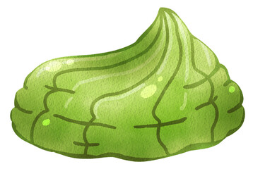 Bright green wasabi paste, smooth and spicy, traditionally served with sushi for an extra kick, hand-drawn watercolor painting illustration
