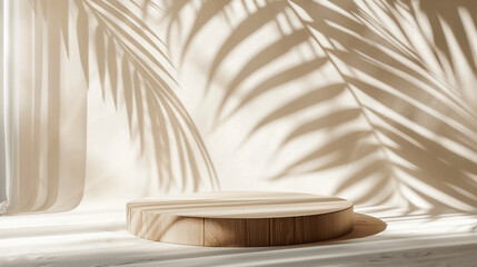 Wooden podium with tropical leaf shadows on beige wall in natural sunlight. A pedestal or stage for product presentation. Empty copy space