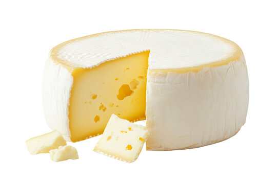 Danish cheese wheel isolated on a white transparent background. Concept of dairy products and cheese varieties in food photography