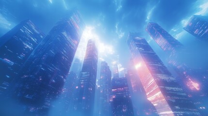A stunning image of modern skyscrapers in a smart city, showcasing a futuristic financial district with sleek buildings reflecting the blue sky. The composition is enhanced by warm sun rays