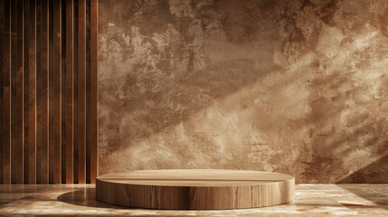 Minimal brown podium in empty room with warm lighting and shadows. A pedestal or stage for product presentation. Empty copy space