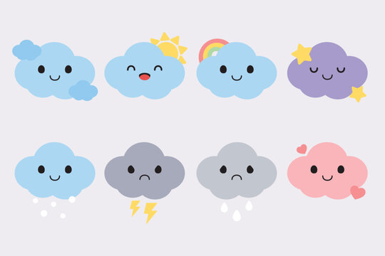 Set of cute cloud cartoon characters. Flat design illustration.	