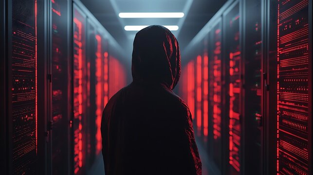 Shadowy figure engages in security protocol testing by targeting data servers with viruses.