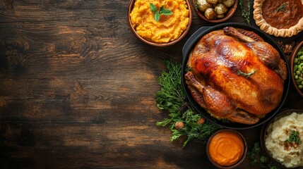 A traditional Thanksgiving turkey dinner captured from above, featuring a beautifully arranged spread on a dark wood banner background. This inviting scene showcases a golden-brown turkey, creamy mash