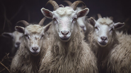 Group of Four Curious Goats Staring Directly at Camera, Captured in Low Light, Showcasing Fluffy White Fur and Intriguing Expressions