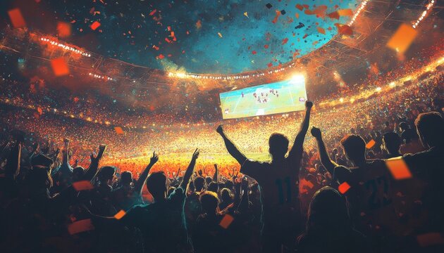 A large crowd of people cheer and celebrate at a stadium during a sporting event, with confetti raining down.