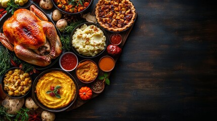 A traditional Thanksgiving turkey dinner captured from above, featuring a beautifully arranged spread on a dark wood banner background. This inviting scene showcases a golden-brown turkey, creamy mash
