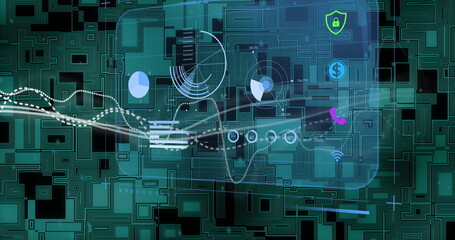 Financial data charts and graphs image over digital circuit board background