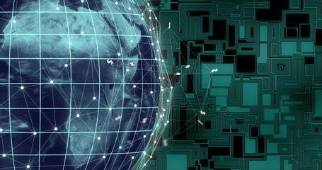 Digital globe with network connections transitioning into circuit board image