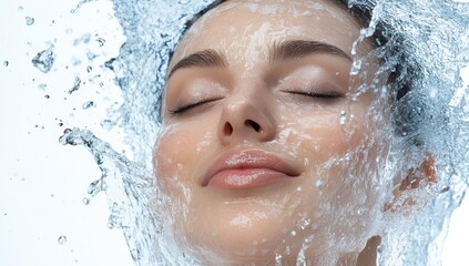Water is being poured on the face of an attractive woman, with water splashing around her head and shoulders. 