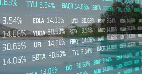 Obraz premium Image of financial data processing over sunny lake and trees