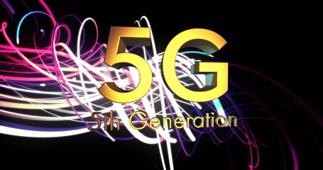 Image of 5g 5th generation text over light trails on black background