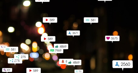 Image of icons and data processing over out of focus city