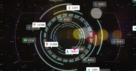 Image of icons and data processing over out of focus city