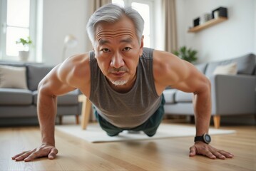 Fototapeta premium A silver-haired man is doing push-ups on the wooden floor in the living room