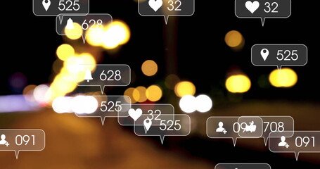 Image of icons and data processing over out of focus city