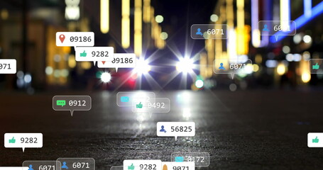 Image of icons and data processing over out of focus city