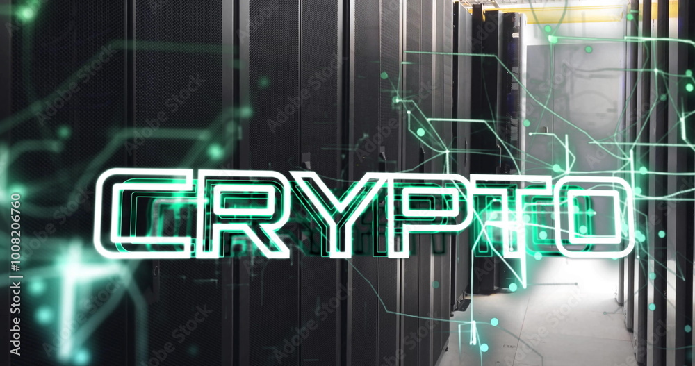 Poster image of crypto text over data processing and connections over computer servers