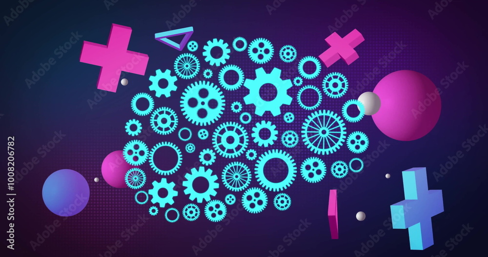 Poster image of ai brain network of cogs with 3d shapes rotating on dark background