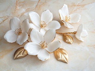Elegant White Blossoms with Gilded Edges: A Stunning Close-Up for Chic Sports Interior Posters, Enhancing Spaces with Delicate Nature and Luxurious Accents on Smooth Stone Background