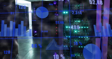Image of financial data processing, network of connections over computer servers