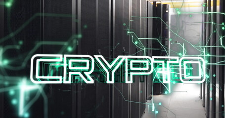 Image of crypto text over data processing and connections over computer servers