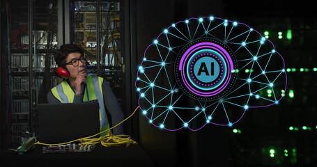 Image of circular ai scanner and brain network over asian male technician in server room