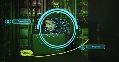 Image of scanner, brain network and ai chat messages over asian male server technician