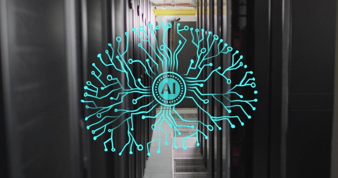 Image of circular ai scanner and motherboard brain network over computer server room