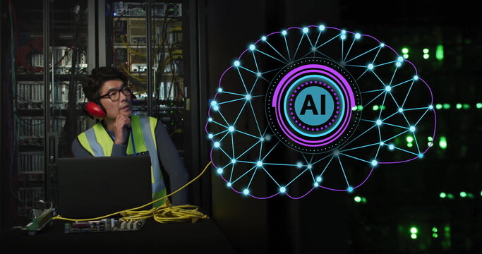 Image of circular ai scanner and brain network over asian male technician in server room