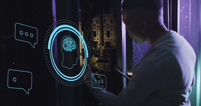 Image of brain network in circular scanner and chat icons over male server technician