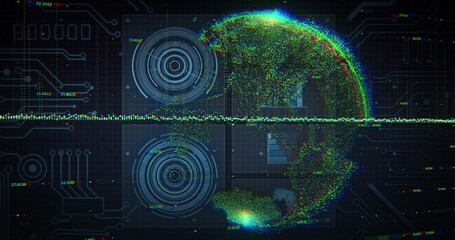 Image of scientific data processing and globe over dark background