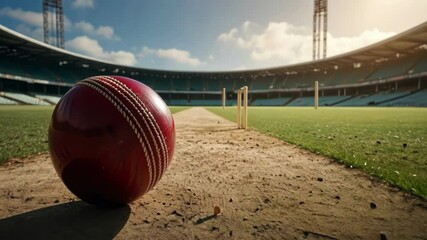 A vibrant cricket scene capturing a red ball on the pitch in an empty stadium, highlighting the sport's competitive spirit and cinematic quality - Powered by Adobe