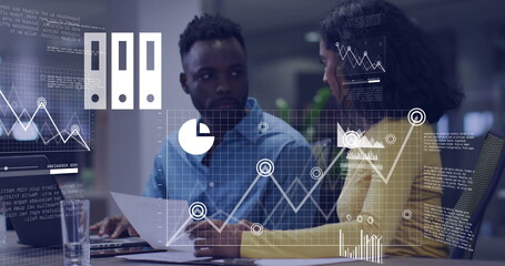 Image of data processing and diagrams over diverse colleagues discussing work