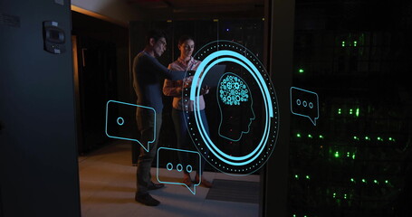 Image of ai scanner, brain and chat icons over diverse technicians in dark server room