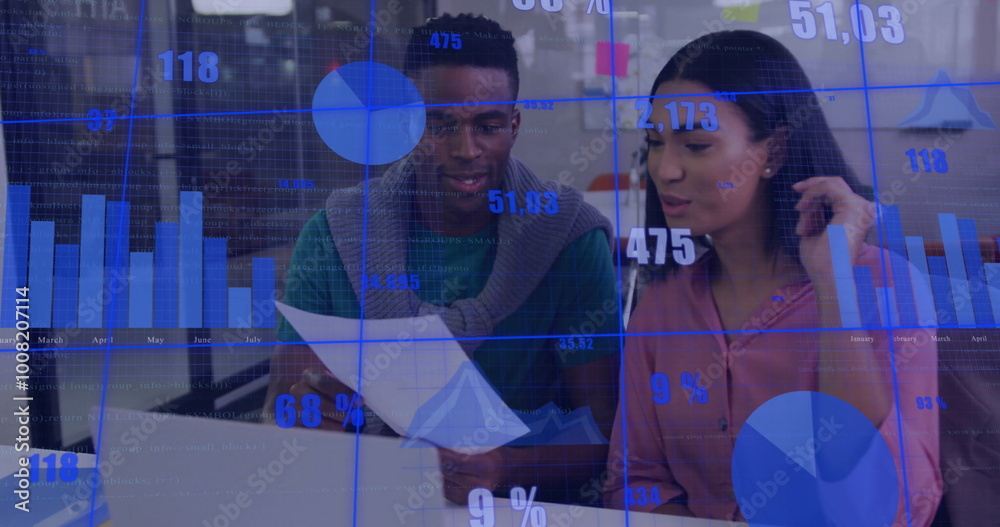 Poster image of data processing and diagrams over diverse colleagues discussing work