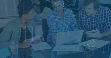 Image of financial data processing over diverse colleagues discussing work in office