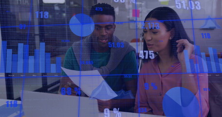 Image of data processing and diagrams over diverse colleagues discussing work