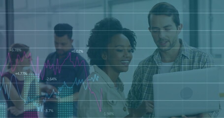 Image of financial data processing over diverse colleagues discussing work in office