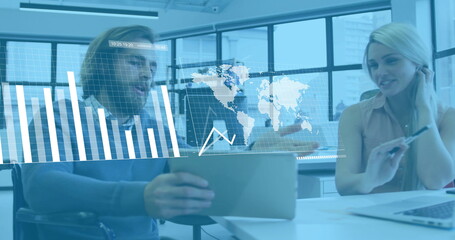 Image of financial data processing over diverse business people in office