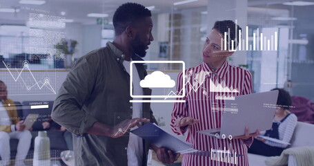 Image of data processing and diagrams over diverse colleagues discussing work