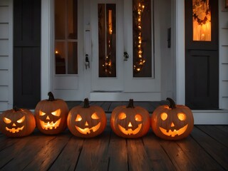 Obraz premium A row of jack-o’-lanterns on a wooden porch, with warm, eerie candlelight glowing inside each pumpkin, casting shadows on the walls