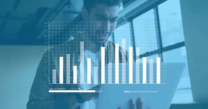 Image of financial data processing over biracial businessman using laptop
