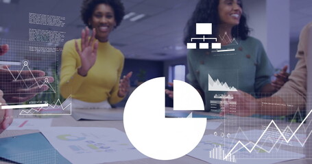 Image of data processing and diagrams over diverse colleagues discussing work