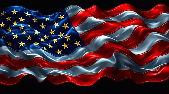 An american flag waving in the wind on a black background